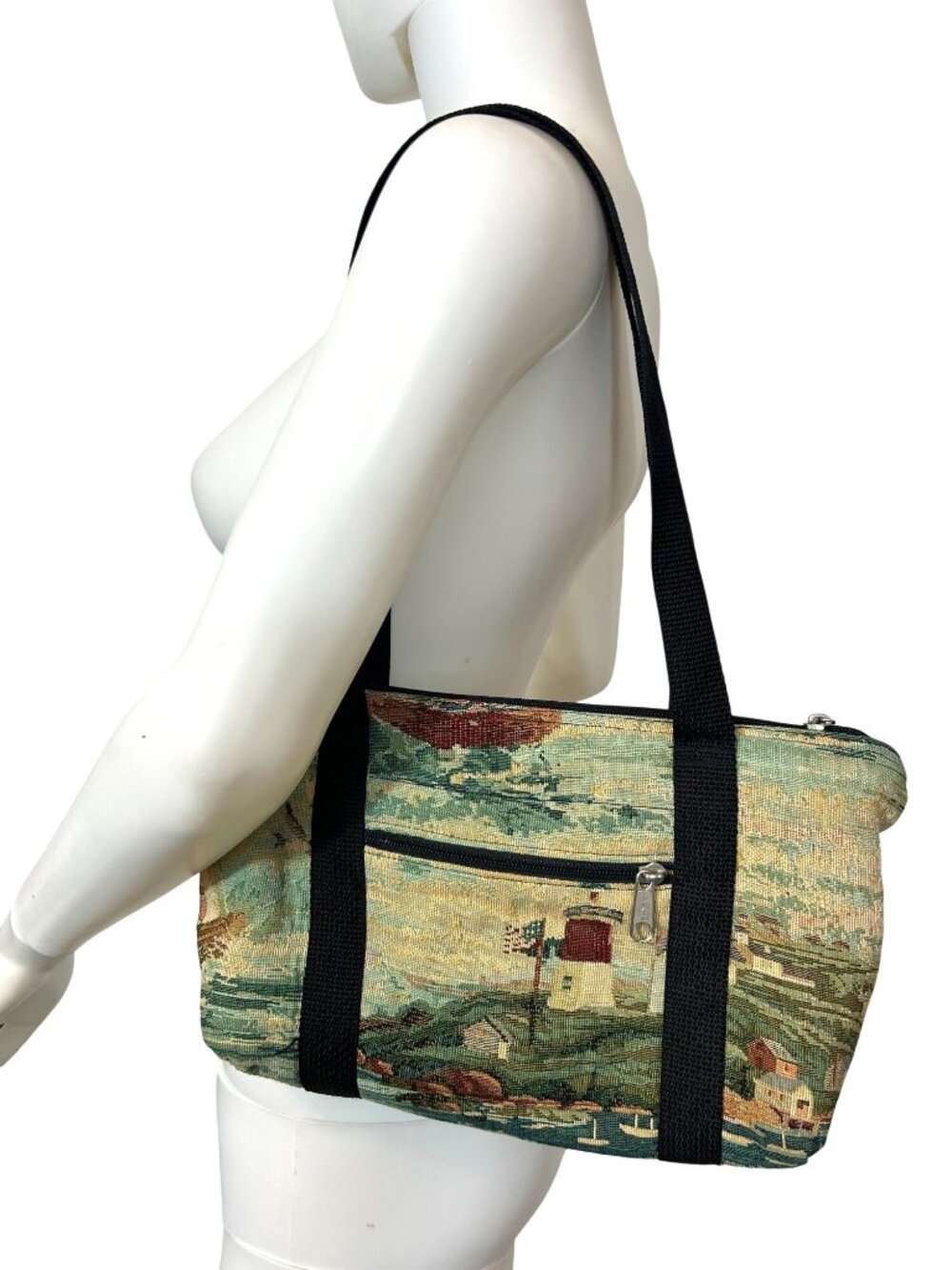 Tapestry Fabric Handbag Seaside Lighthouse Sailboats Seagulls Fine Needlepoint